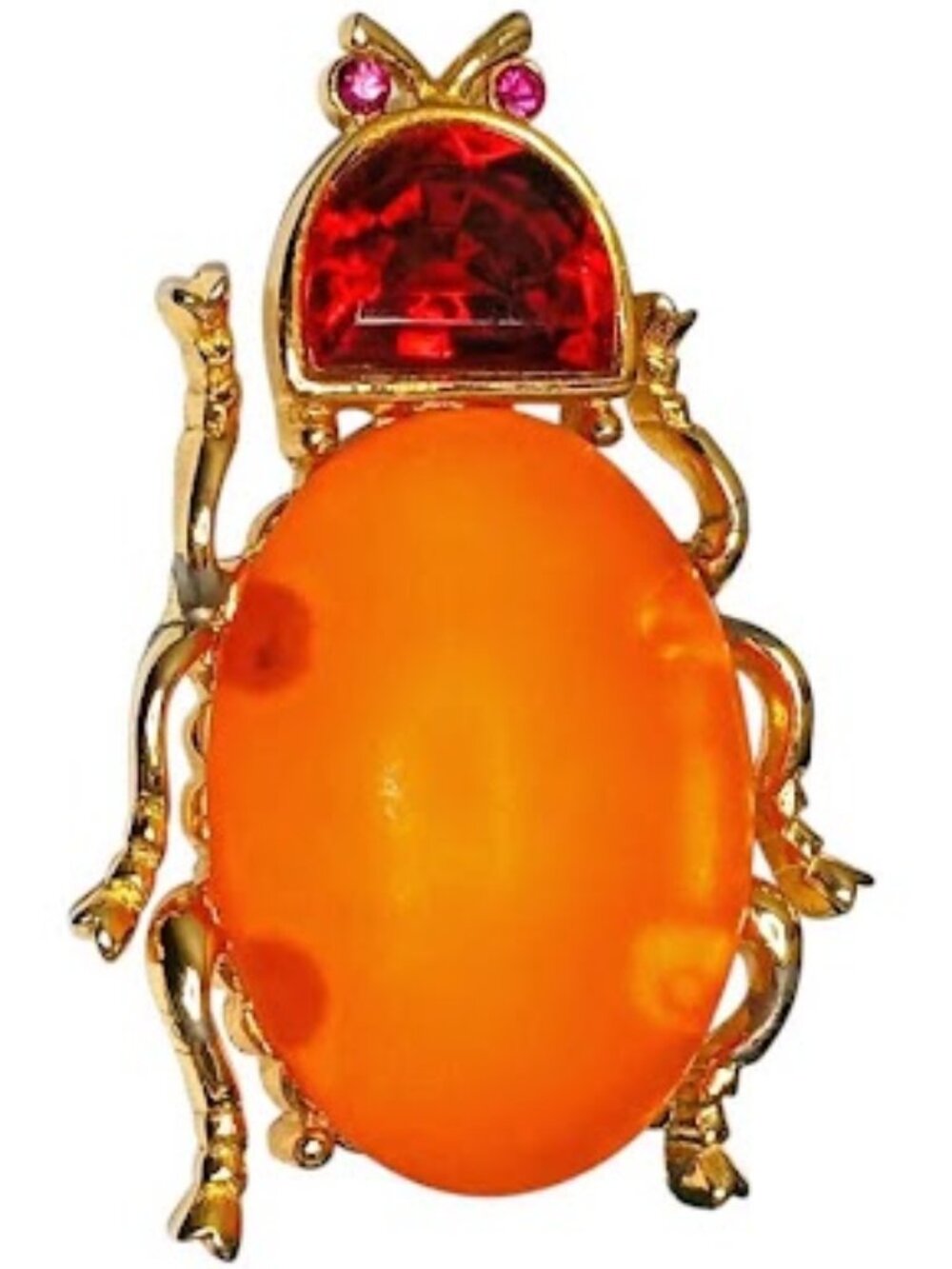 Gemcraft Beetle Brooch Orange Lucite Rhinestone Eyes